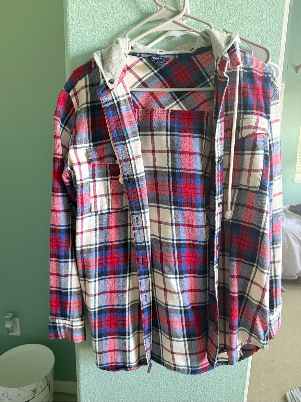 Forever 21 Red, Blue and White Plaid Button-Down Shirt with Hood